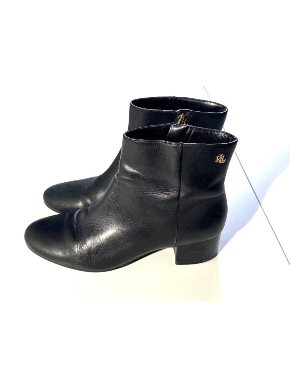 Ralph Lauren Black Leather Ankle Boots With Gold RL Logo & Side Zipper Closure -